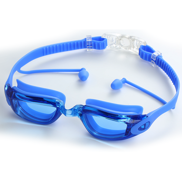 Men's clear underwater vision blue swimming goggles with earplugs